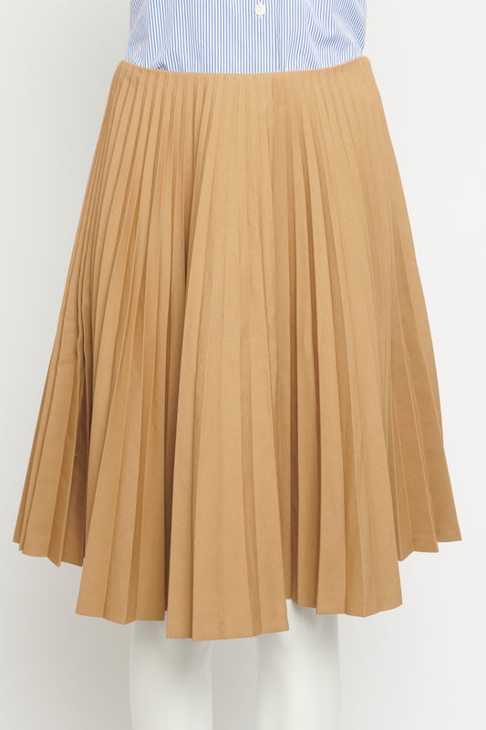 Beige Cotton Preowned Pleated Knee Length Skirt