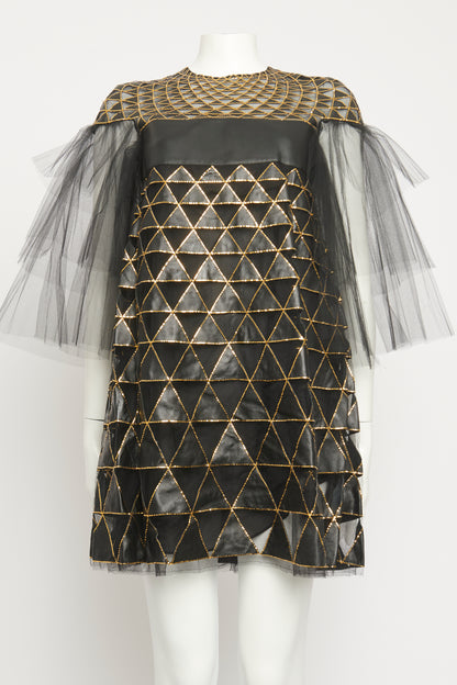 2015 Black Tulle & Lambskin Geometric Preowned Mini Dress With Gold Foil Trim