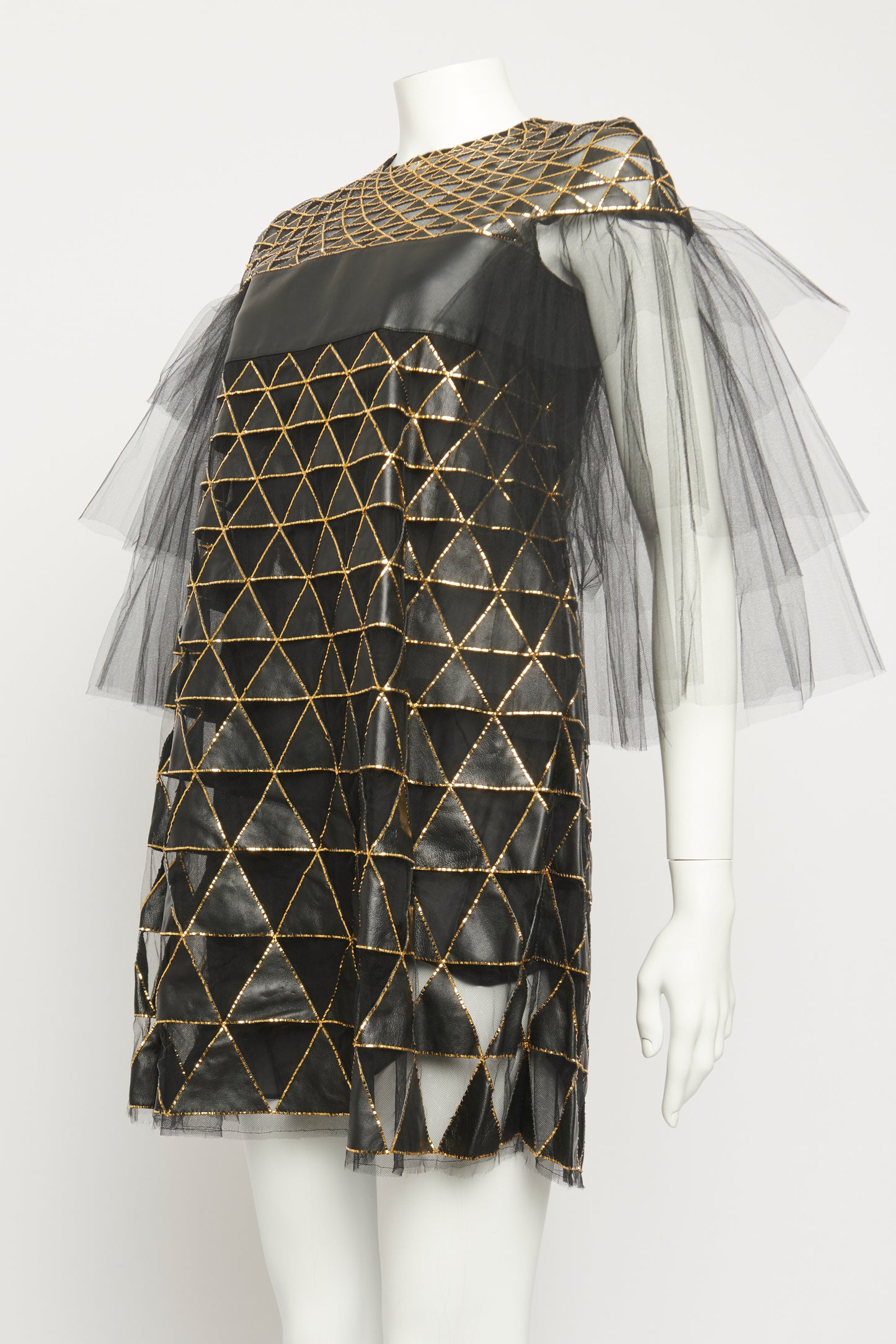 2015 Black Tulle & Lambskin Geometric Preowned Mini Dress With Gold Foil Trim