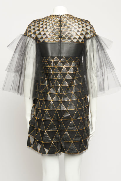 2015 Black Tulle & Lambskin Geometric Preowned Mini Dress With Gold Foil Trim