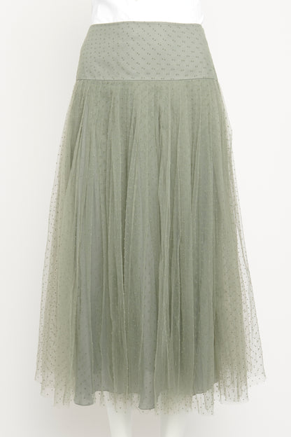 2018 Green Tulle Pleated Preowned Midi Skirt With Velvet Polka Dots