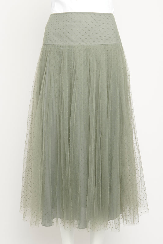 2018 Green Tulle Pleated Preowned Midi Skirt With Velvet Polka Dots