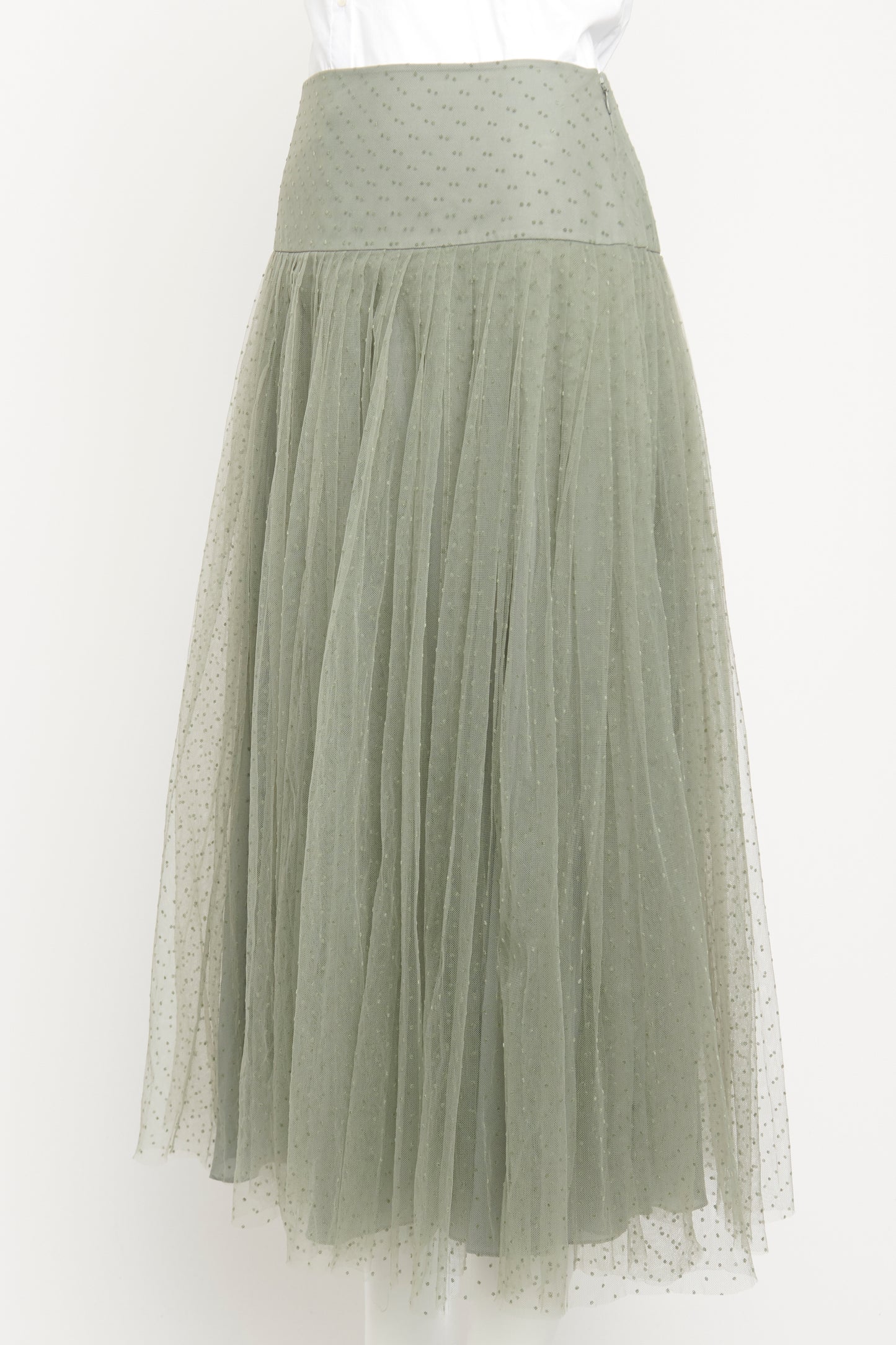 2018 Green Tulle Pleated Preowned Midi Skirt With Velvet Polka Dots