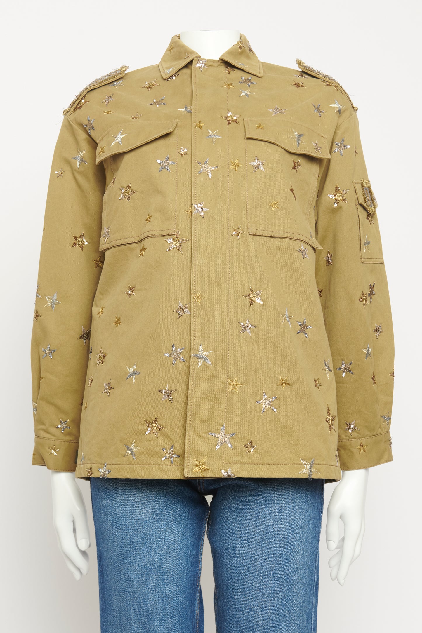 Green Cotton Star Embellished Preowned Military Style Jacket