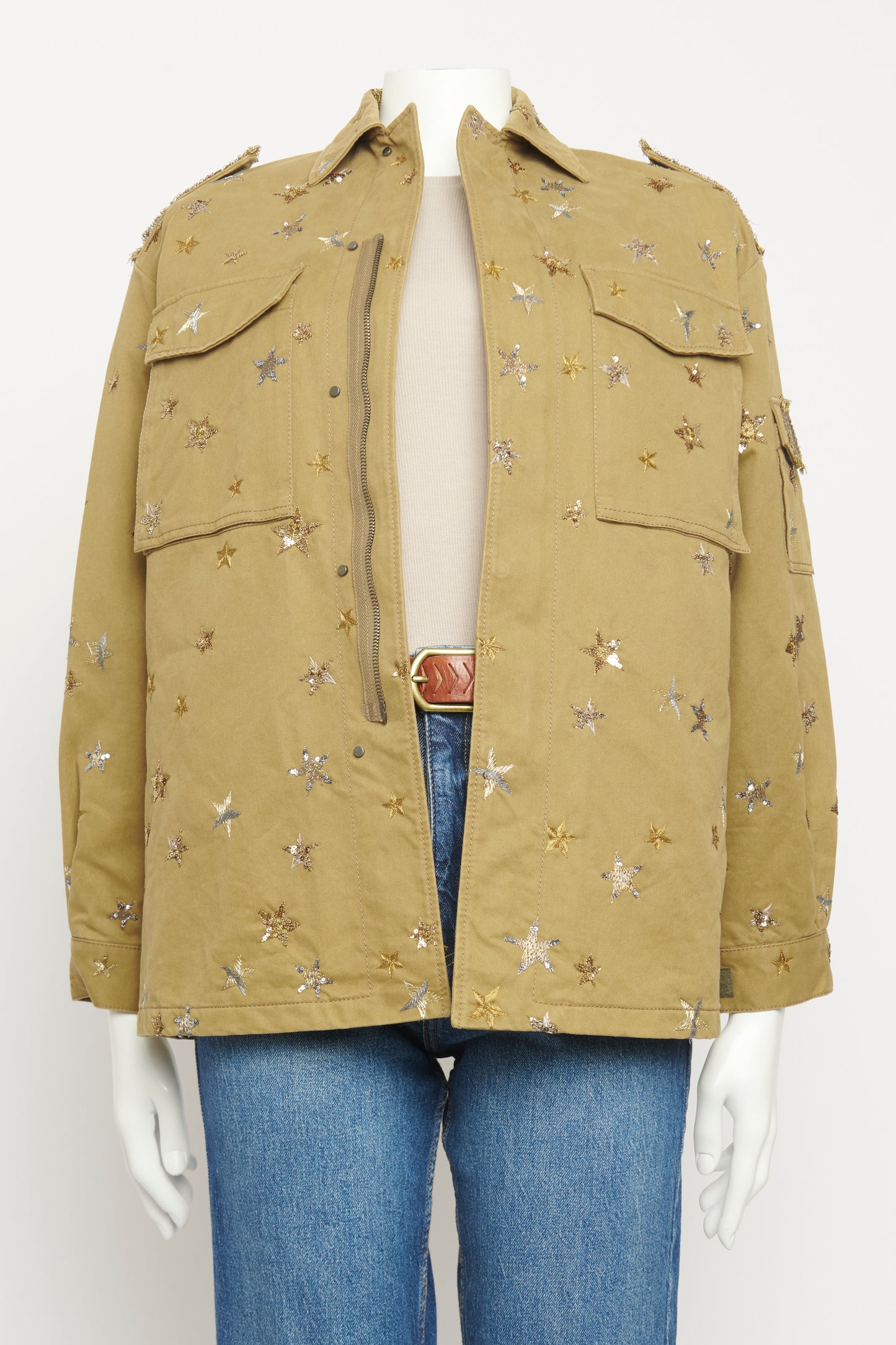 Green Cotton Star Embellished Preowned Military Style Jacket