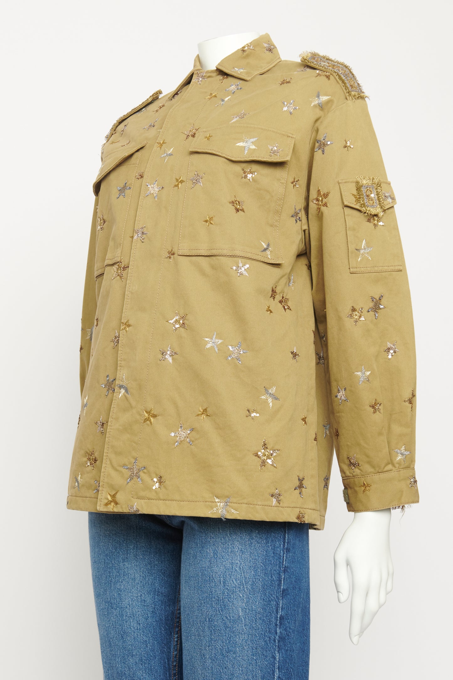 Green Cotton Star Embellished Preowned Military Style Jacket