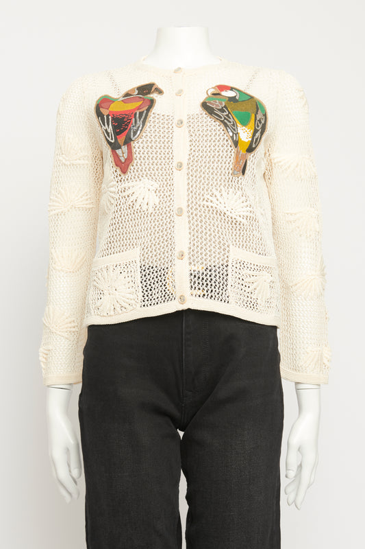 2017 Cream Silk Cuba Preowned Cardigan With Parrot Appliqués