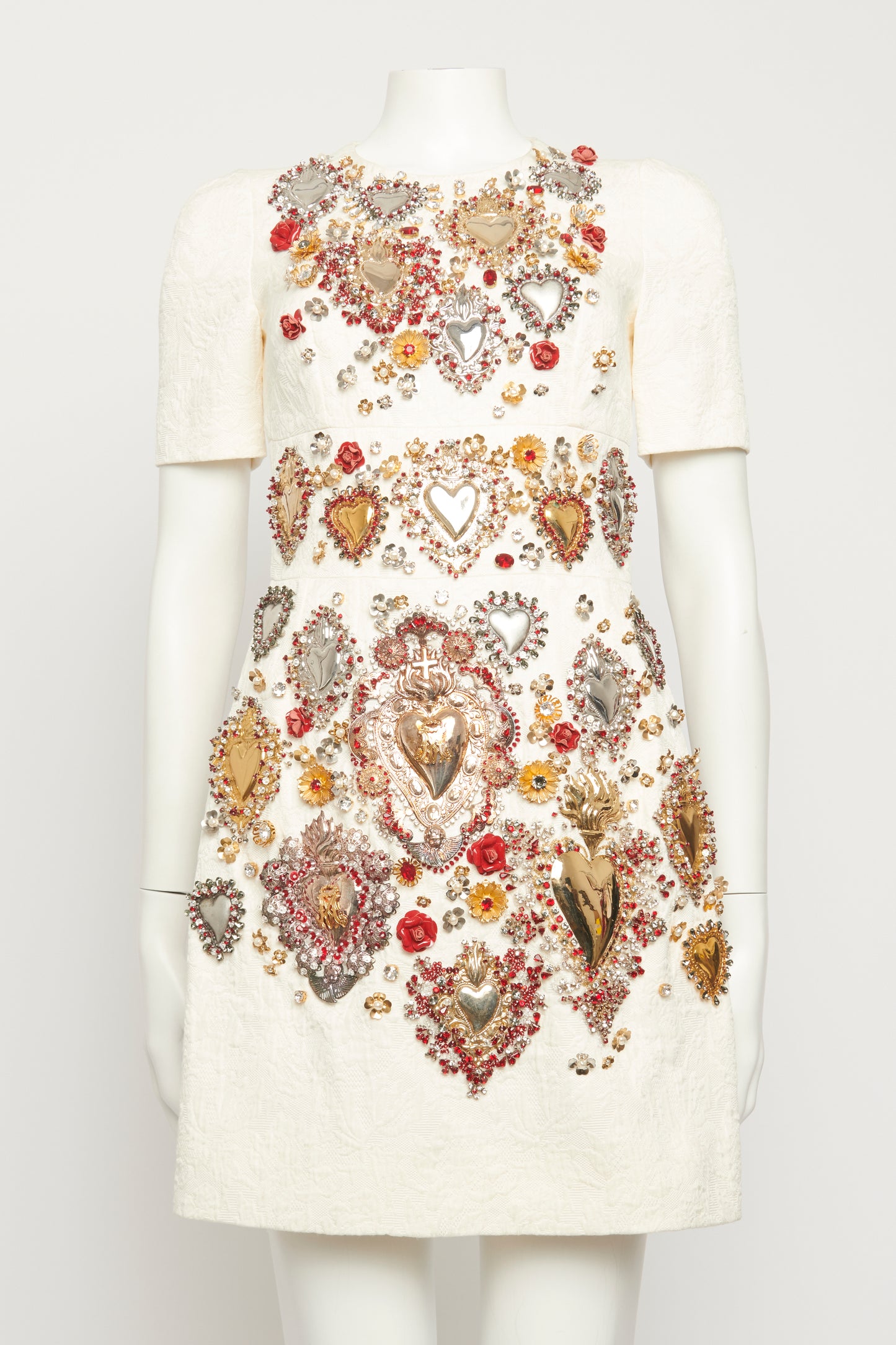 2015 Cream Jacquard Heavily Embellished Sacred Hearts Preowned Mini Dress