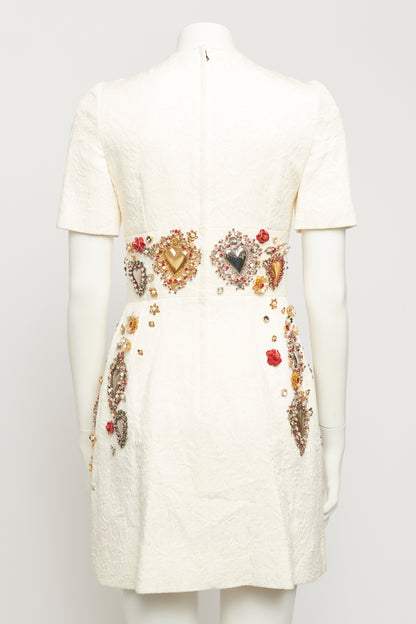 2015 Cream Jacquard Heavily Embellished Sacred Hearts Preowned Mini Dress