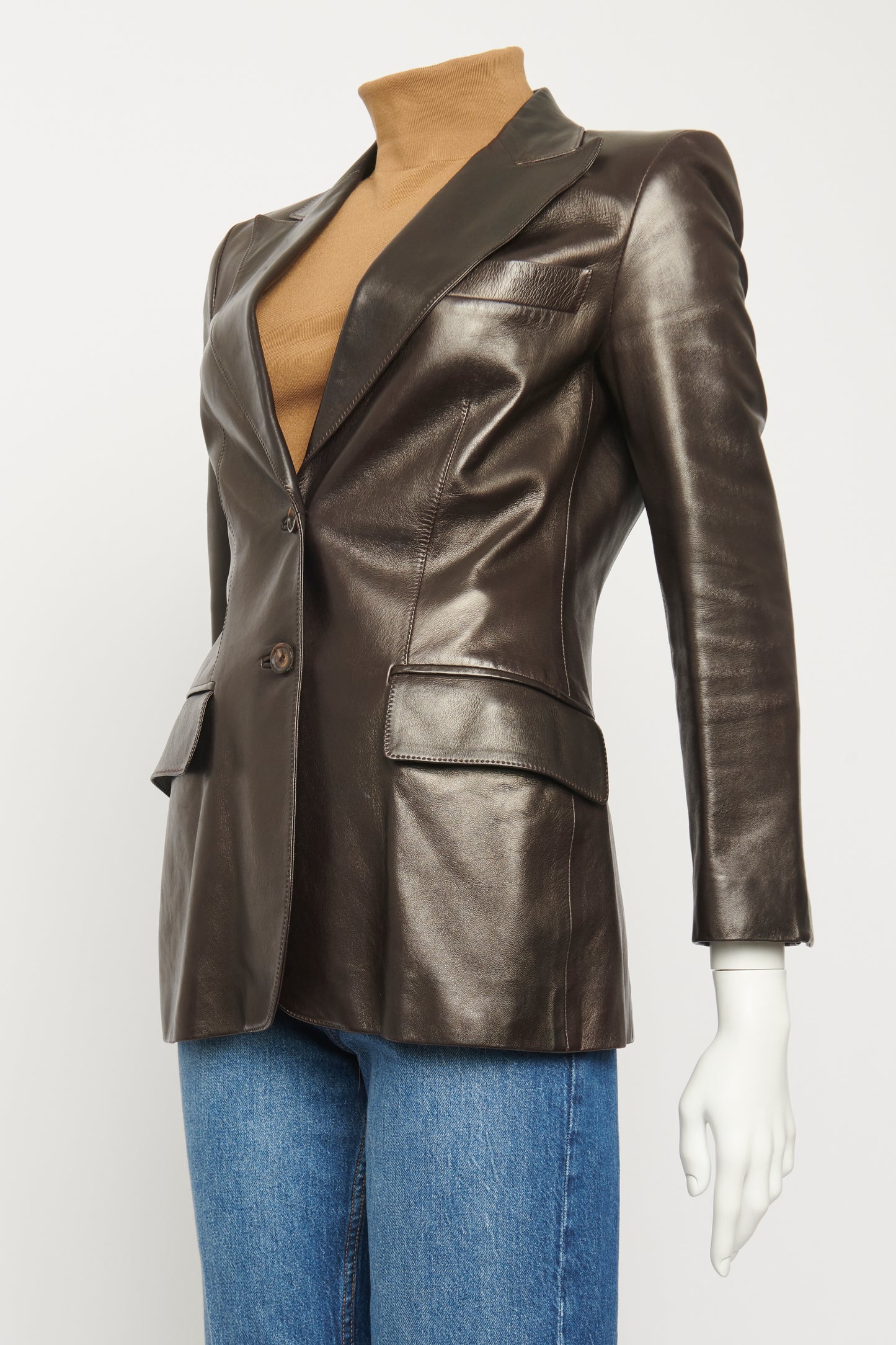 2000's Brown Leather Preowned Single Breasted Blazer