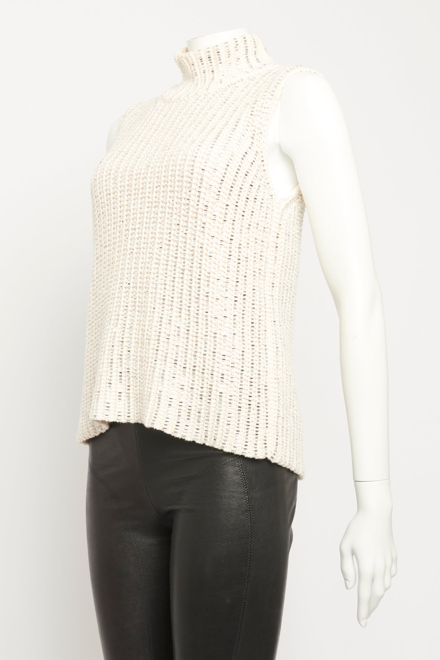 Cream Cotton Blend Preowned Crystal Embellished Sleeveless Knitted Top