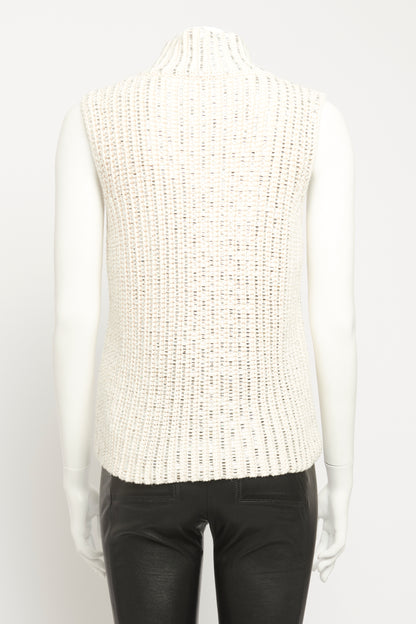 Cream Cotton Blend Preowned Crystal Embellished Sleeveless Knitted Top