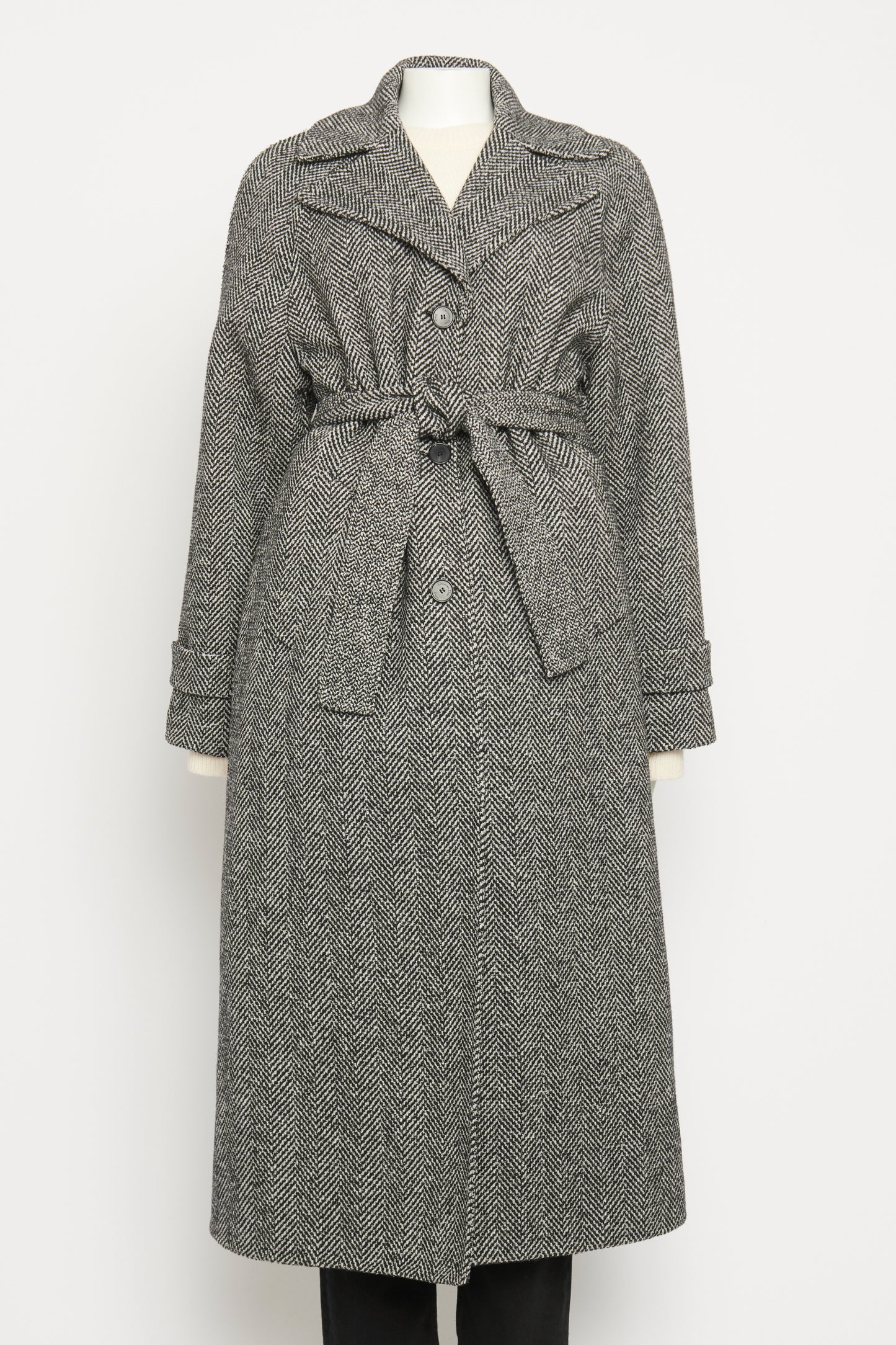 Grey Wool Herringbone Preowned Belted Coat