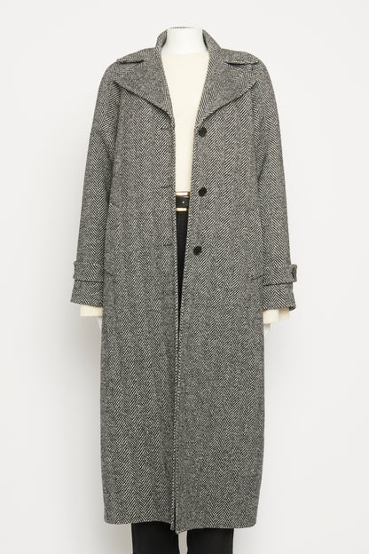 Grey Wool Herringbone Preowned Belted Coat