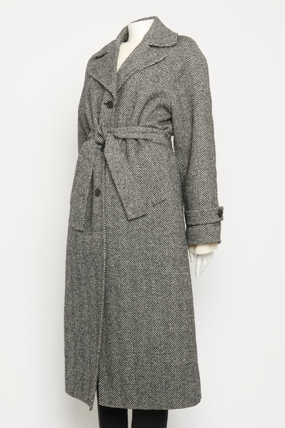 Grey Wool Herringbone Preowned Belted Coat