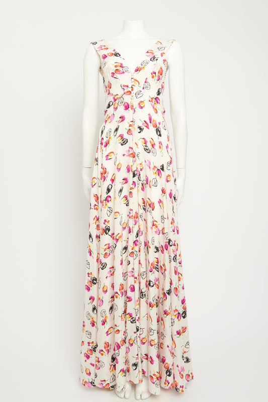 2019 Ivory Silk Tulip Printed Preowned Maxi Dress