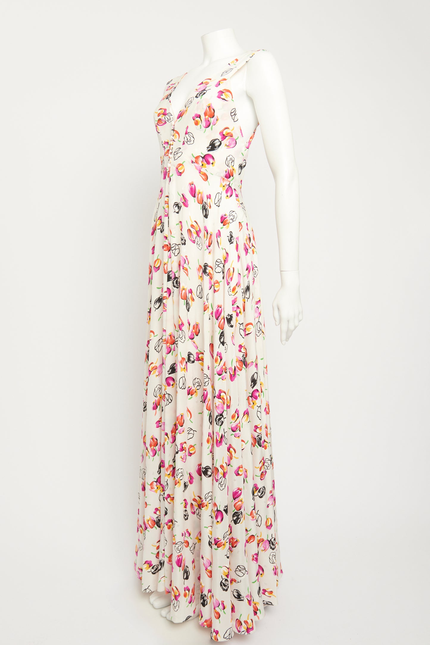 2019 Ivory Silk Tulip Printed Preowned Maxi Dress