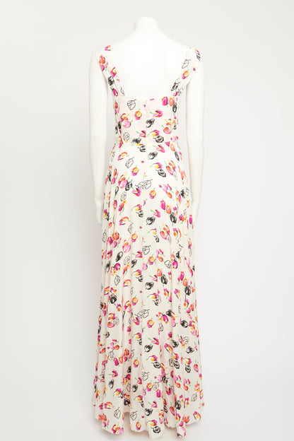 2019 Ivory Silk Tulip Printed Preowned Maxi Dress