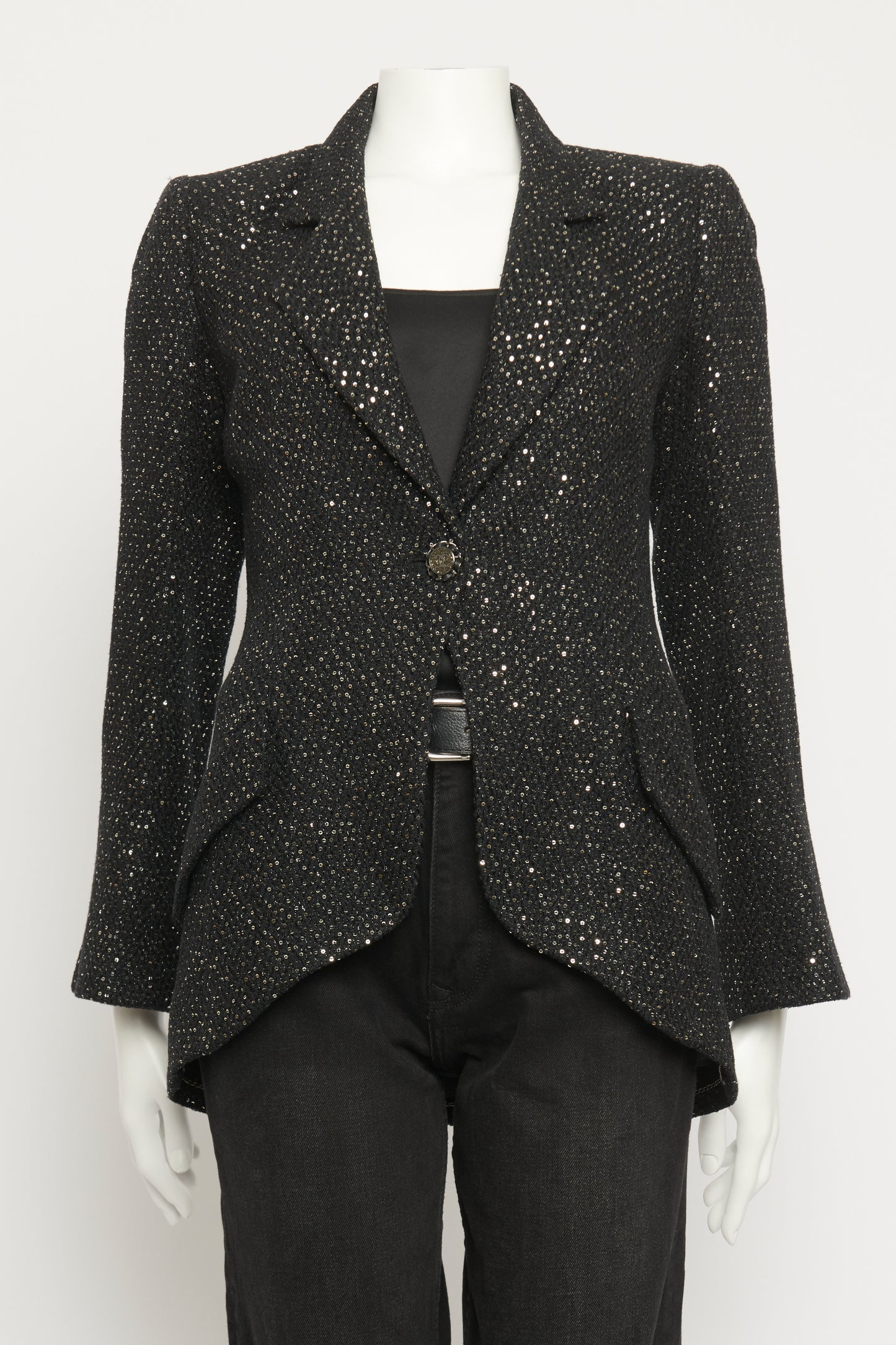 2011 Black Cotton Sequin Tweed Preowned Single Breasted Blazer