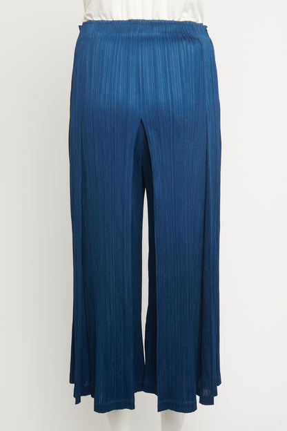 Blue Polyester Pleated Wide Leg Preowned Culottes