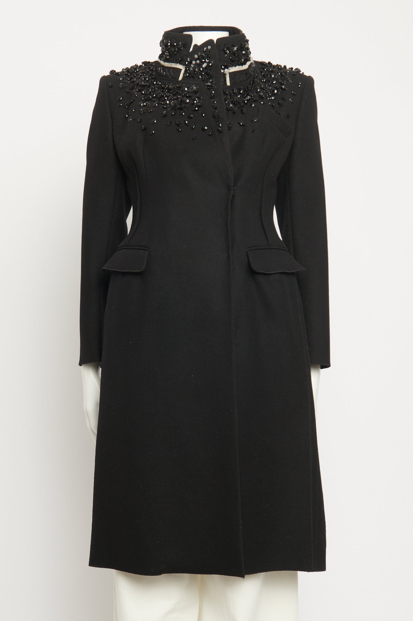 Black Wool Sequin Embellished Preowned Knee Length Coat