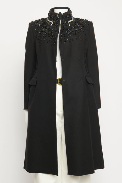 Black Wool Sequin Embellished Preowned Knee Length Coat