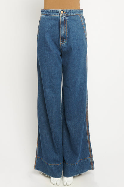 Blue Cotton Top-Stitch Flared Preowned Jeans