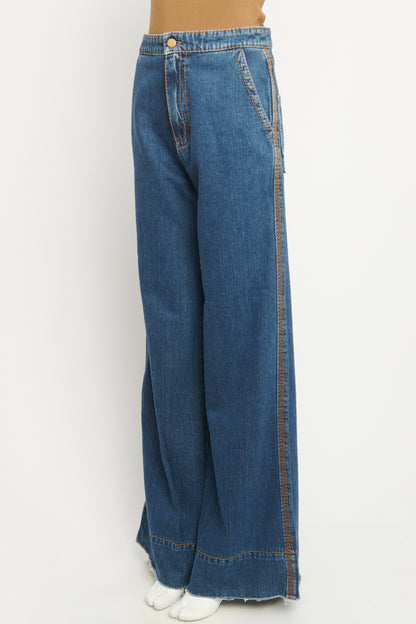 Blue Cotton Top-Stitch Flared Preowned Jeans