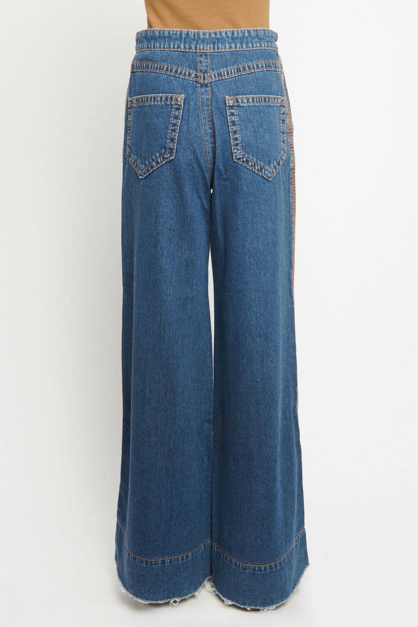 Blue Cotton Top-Stitch Flared Preowned Jeans