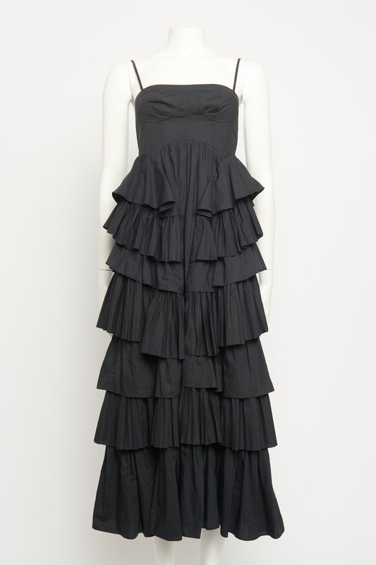 2022 Black Cotton Poplin Preowned Avery Ruffled Midi Dress