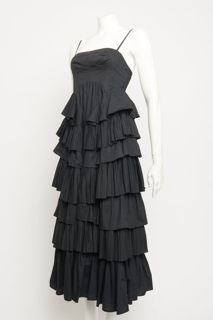 2022 Black Cotton Poplin Preowned Avery Ruffled Midi Dress