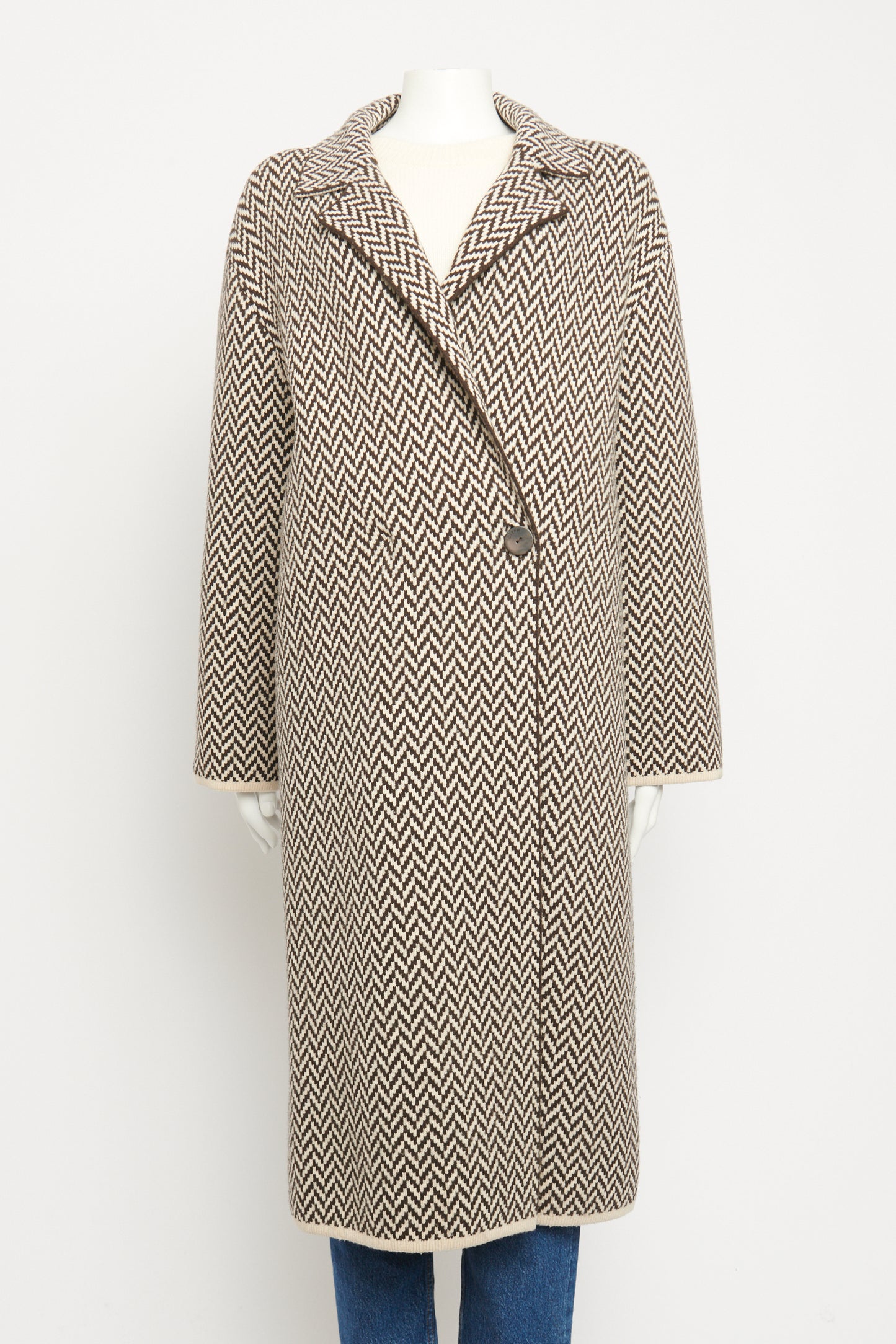 Brown & Cream Wool Preowned Herringbone Double Breasted Coat