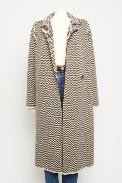 Brown & Cream Wool Preowned Herringbone Double Breasted Coat