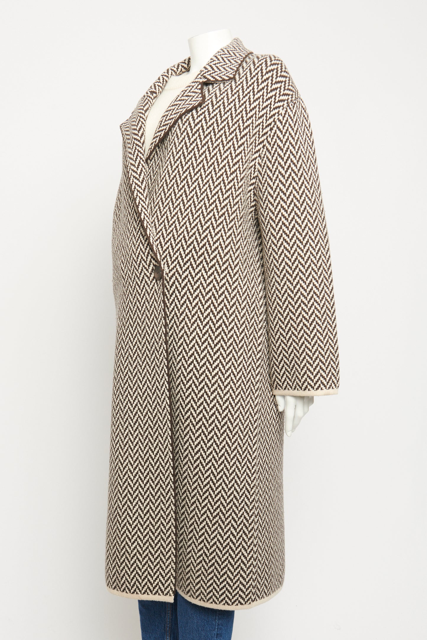 Brown & Cream Wool Preowned Herringbone Double Breasted Coat