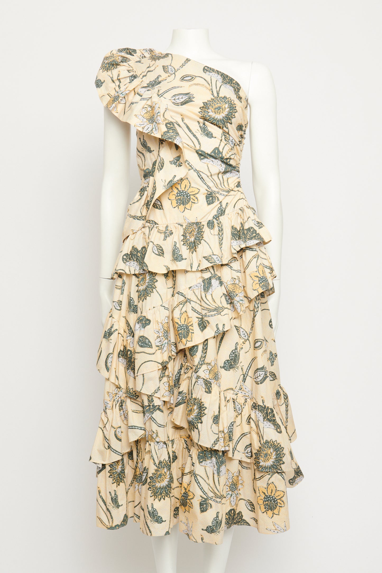 Cream Floral One Shoulder Preowned Midi Dress