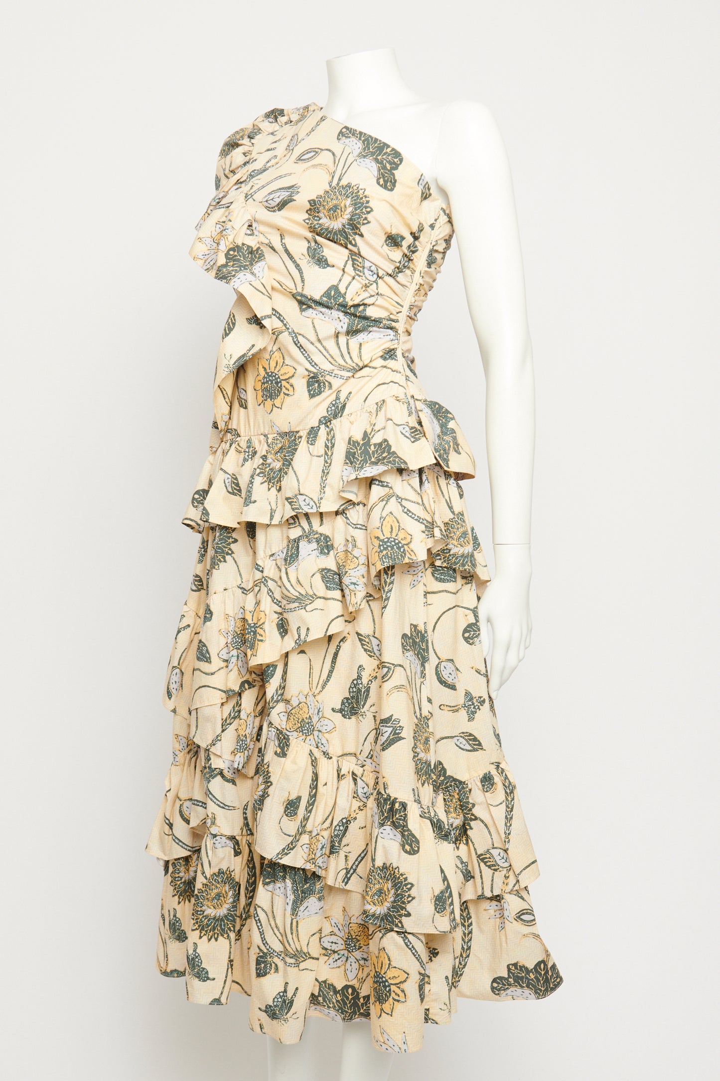 Cream Floral One Shoulder Preowned Midi Dress