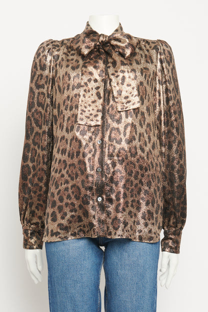 Metallic Silk Blend Preowned Neck Tie Leopard Print Blouse