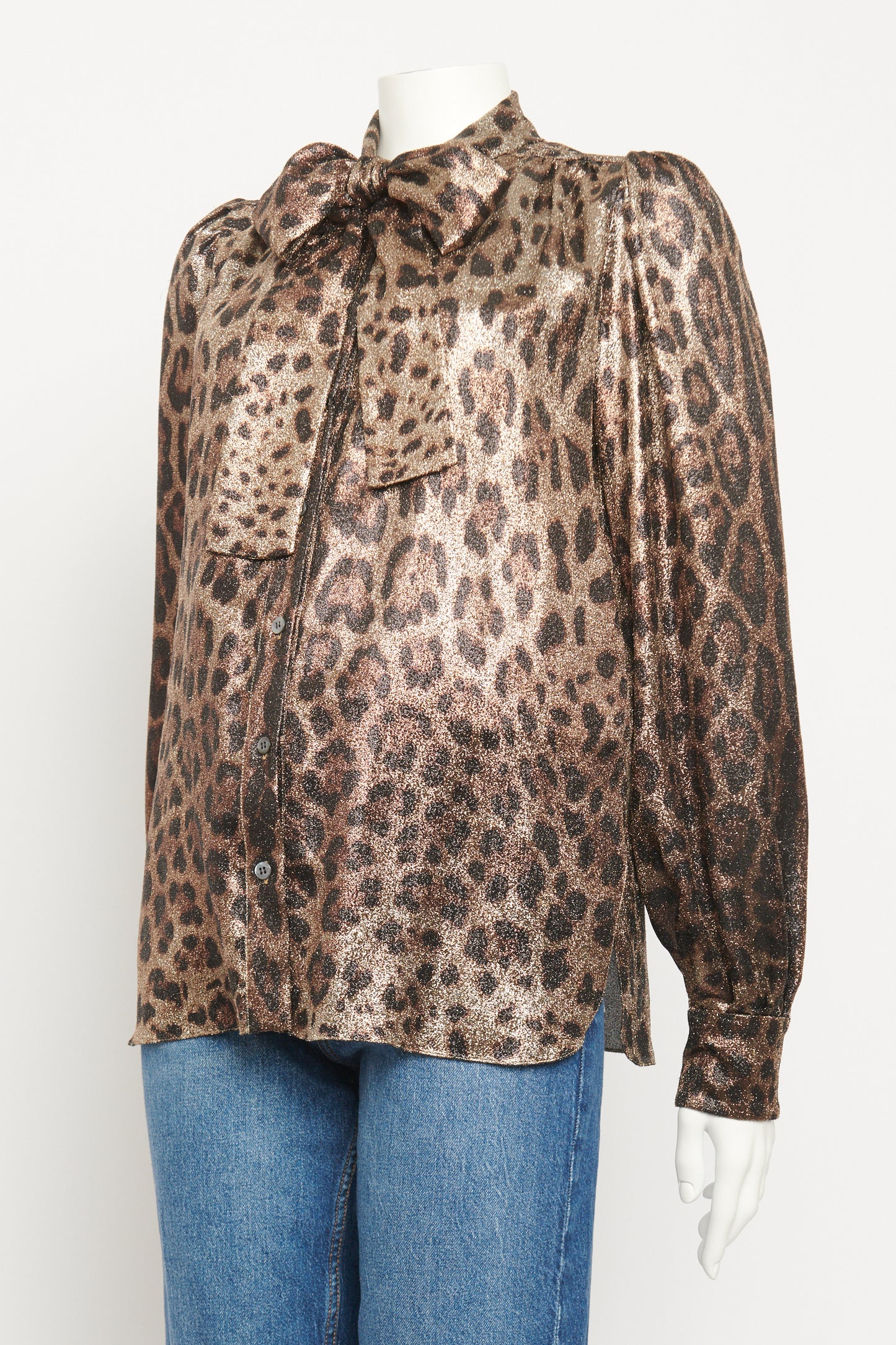 Metallic Silk Blend Preowned Neck Tie Leopard Print Blouse