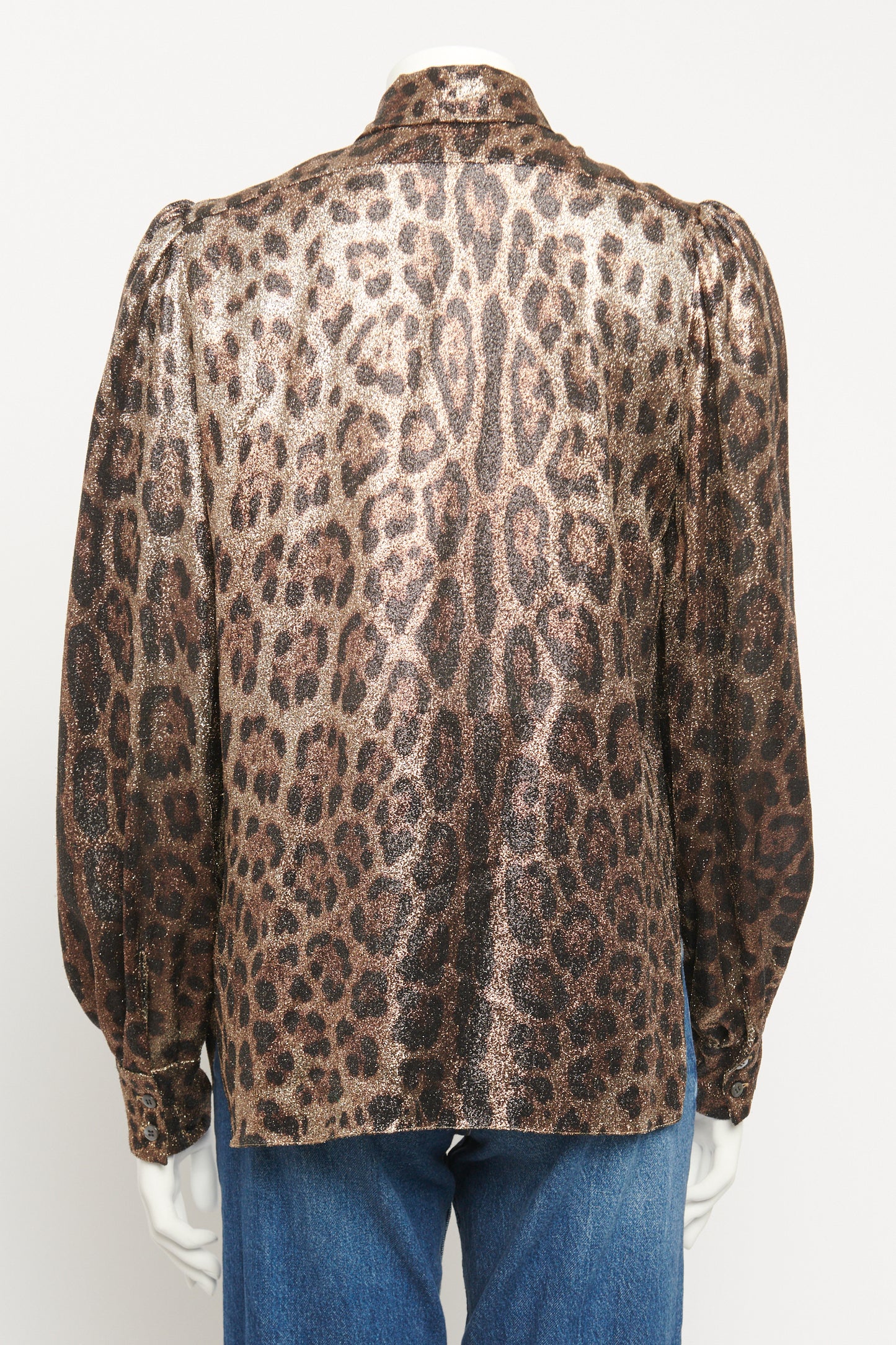 Metallic Silk Blend Preowned Neck Tie Leopard Print Blouse