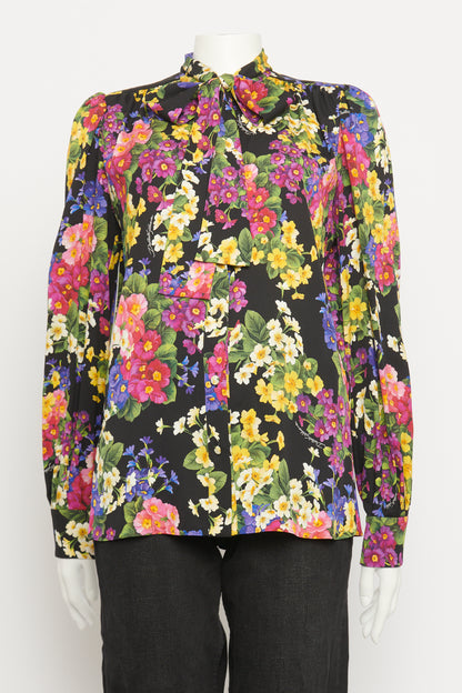 Multicoloured Floral Silk Blend Preowned Neck Tie Blouse