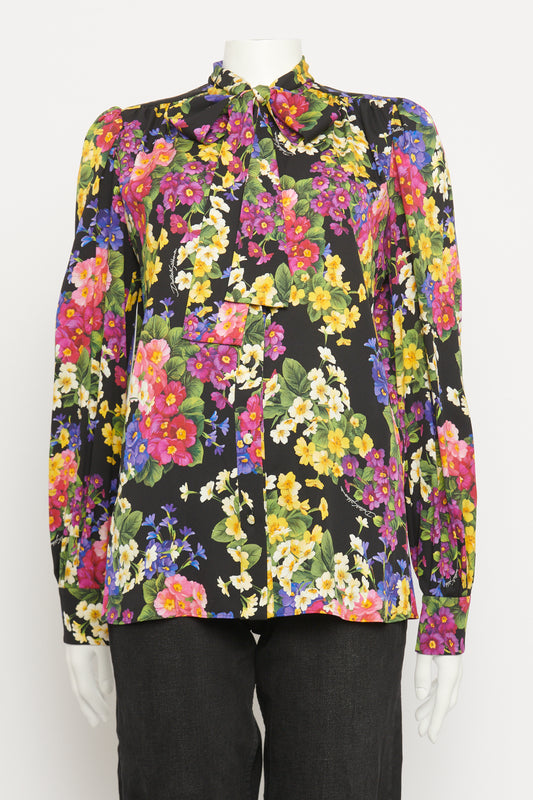 Multicoloured Floral Silk Blend Preowned Neck Tie Blouse