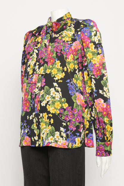 Multicoloured Floral Silk Blend Preowned Neck Tie Blouse