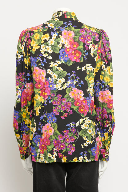 Multicoloured Floral Silk Blend Preowned Neck Tie Blouse