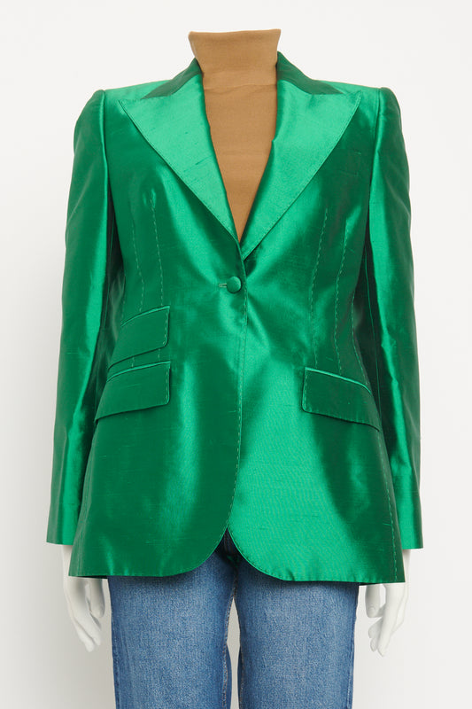 Green Silk Preowned Single Breasted Blazer