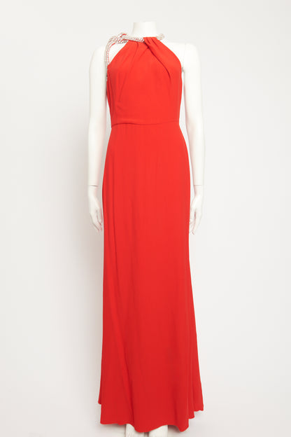 2019 Red Viscose Preowned Embellished Maxi Gown