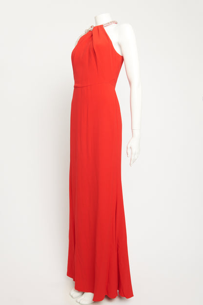 2019 Red Viscose Preowned Embellished Maxi Gown