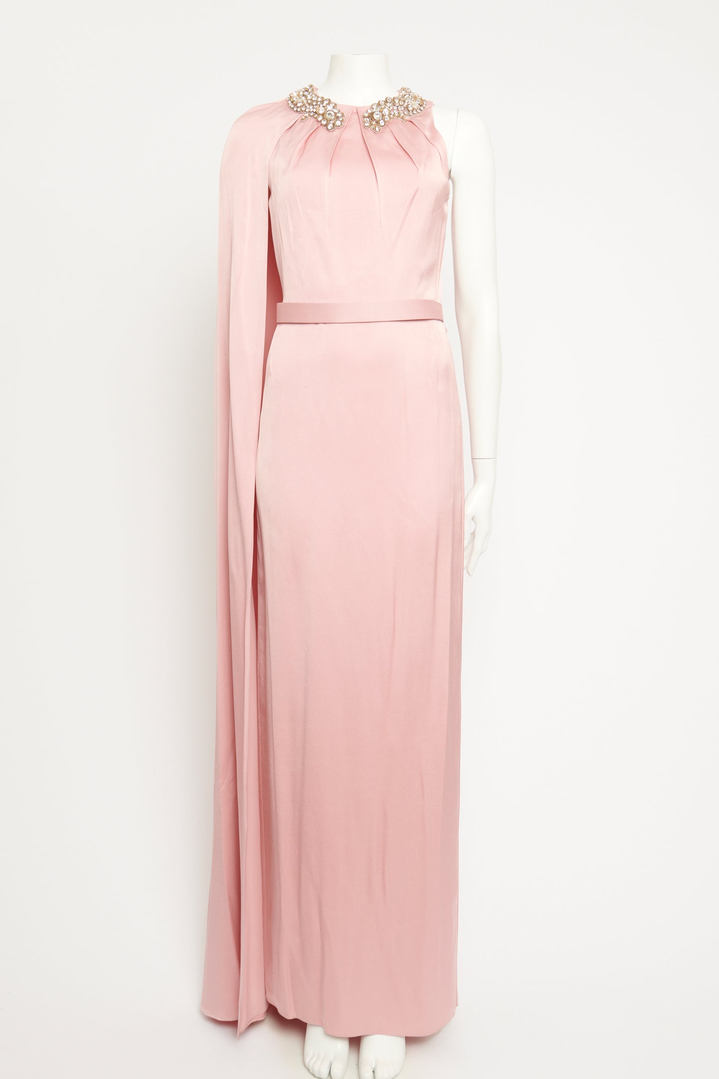 Pink Silk Preowned Embellished Collar Maxi Dress