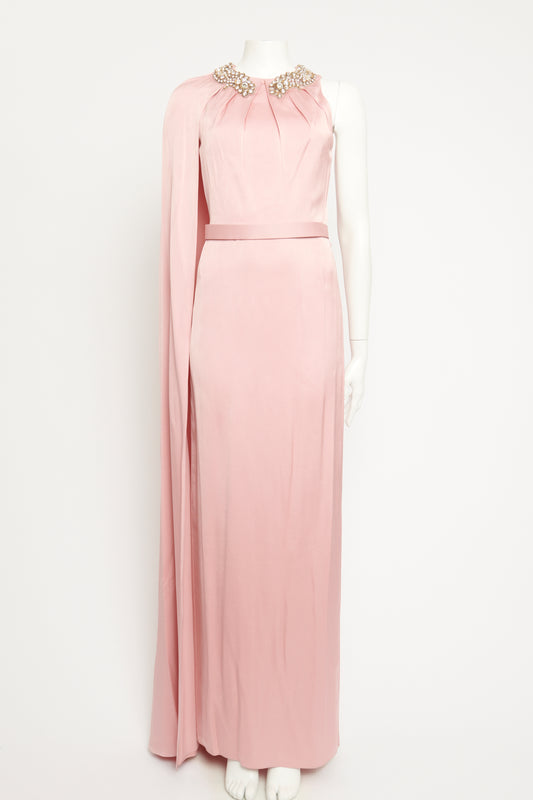 Pink Silk Preowned Embellished Collar Maxi Dress