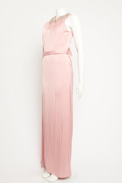 Pink Silk Preowned Embellished Collar Maxi Dress