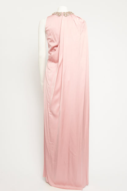 Pink Silk Preowned Embellished Collar Maxi Dress